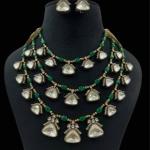 3 sting neclace in emerald beads with polki stringing